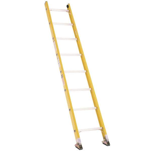 A yellow Bauer Corporation fiberglass straight ladder.