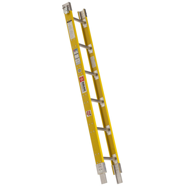 A yellow Bauer sectional ladder with silver metal bars.