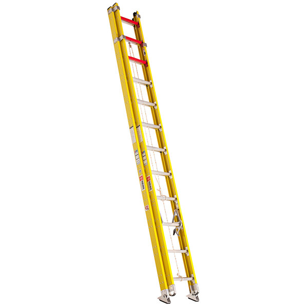 A yellow Bauer Corporation 314 Series fiberglass extension ladder.