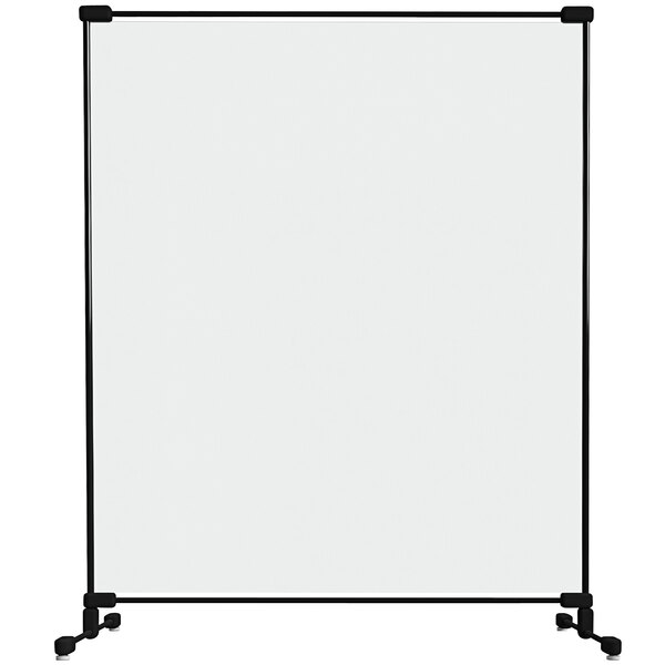 A clear PVC rectangular safety partition with a black fiberglass frame.