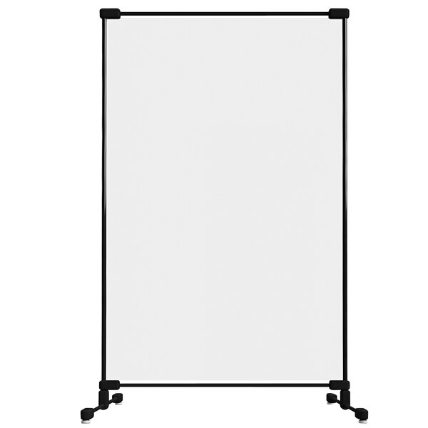 A clear PVC rectangular safety partition with a black frame and curved legs.