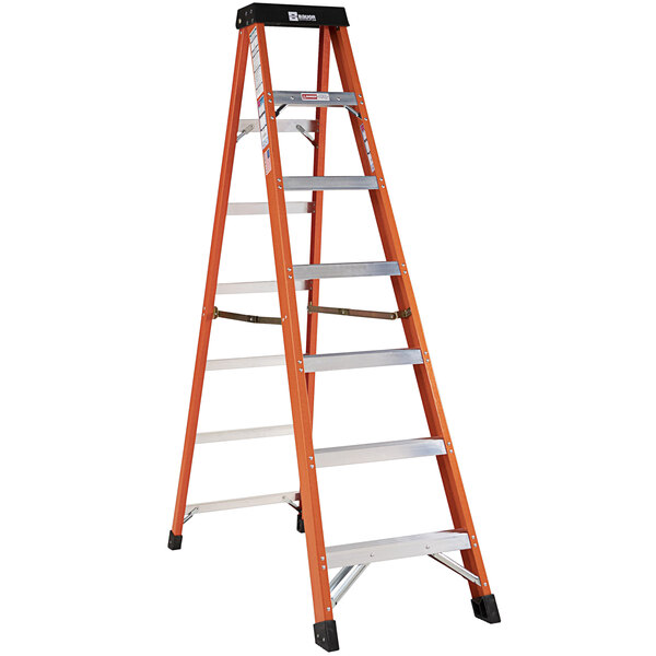 A Bauer fiberglass step ladder with orange steps and a black top.