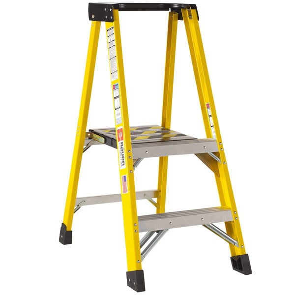A yellow Bauer Corporation fiberglass platform ladder with black and silver accents.