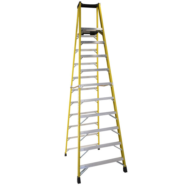 A Bauer yellow fiberglass platform ladder with a steel platform.