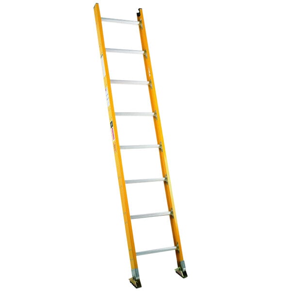 A Bauer yellow fiberglass ladder.