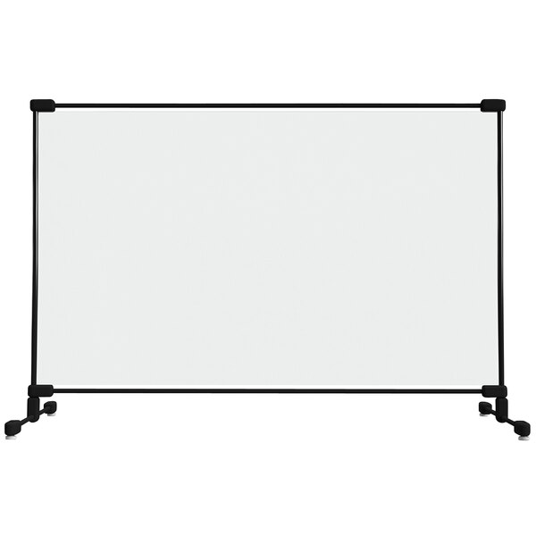 A clear PVC safety partition with a black fiberglass frame.