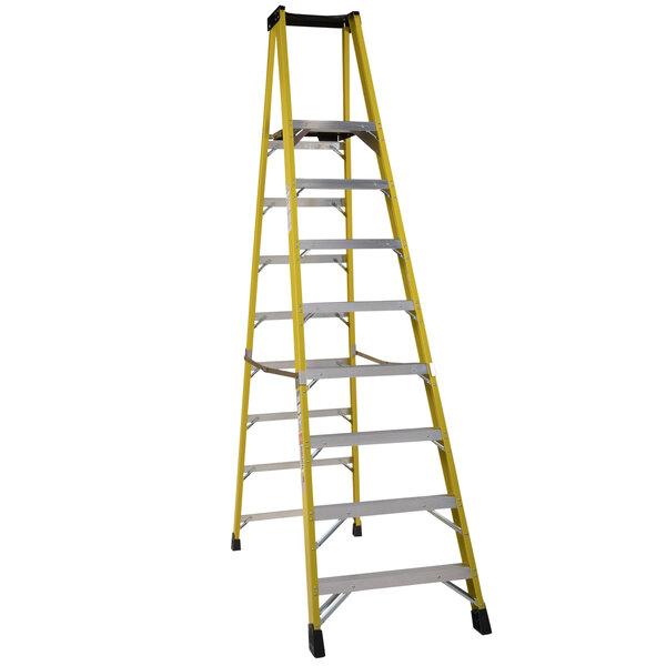 A yellow fiberglass platform ladder with steel platform from Bauer Corporation.