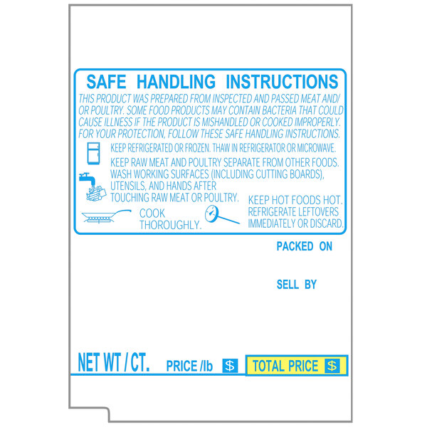 A white paper label roll with blue text reading "Safe Handling" and instructions.