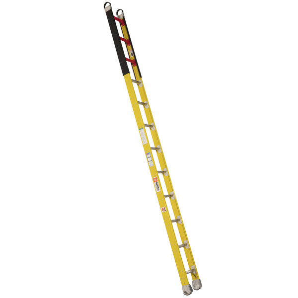 A yellow ladder with black and silver bars.