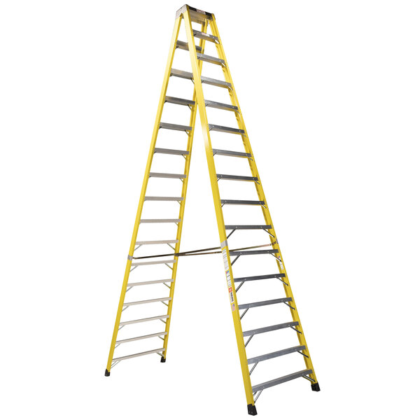 A yellow Bauer Corporation fiberglass two-way step ladder with black legs.