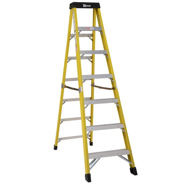 A yellow Bauer Corporation 350 Series fiberglass step ladder with black top and silver ladders.