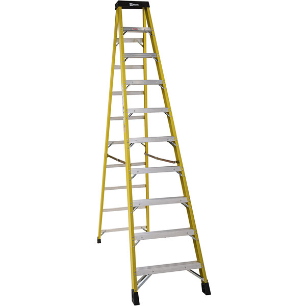 A yellow ladder with a black top.