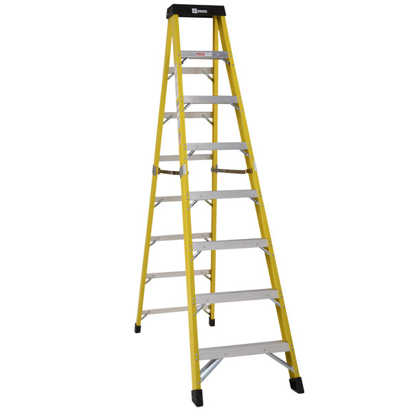 A yellow Bauer Corporation fiberglass step ladder with two steps.