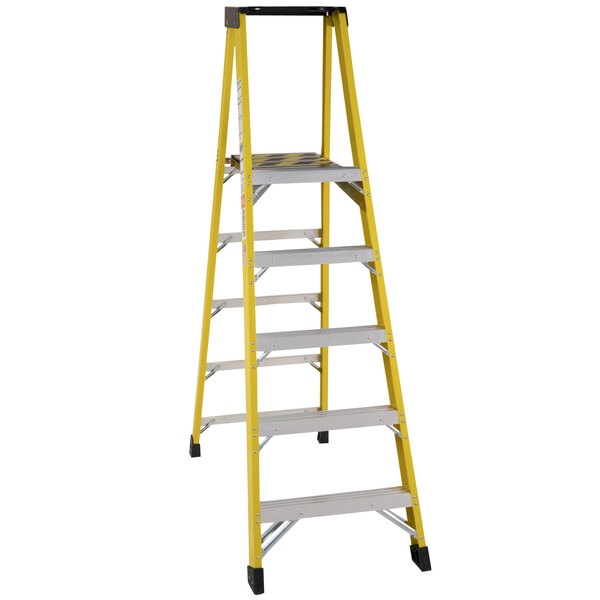 A yellow Bauer industrial platform ladder with steel platform.