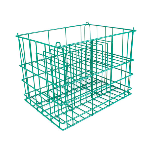 A green Microwire catering plate basket with 14 compartments.