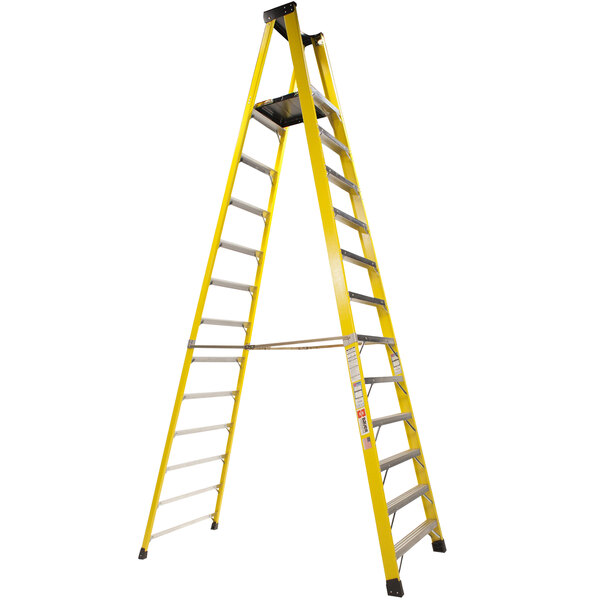 A yellow Bauer Corporation fiberglass platform ladder with steel platform.