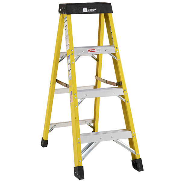 Bauer Corporation 30804 308 Series Type 1AA 4' Safety Yellow Fiberglass Step Ladder - 375 lb. Capacity