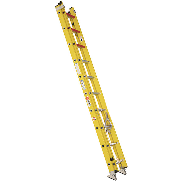 A yellow Bauer Corporation fiberglass extension ladder with two handles.
