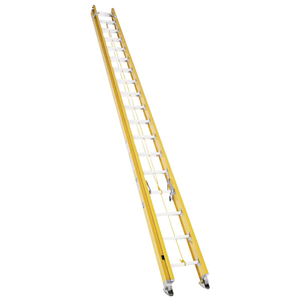 A yellow Bauer Corporation fiberglass extension ladder.