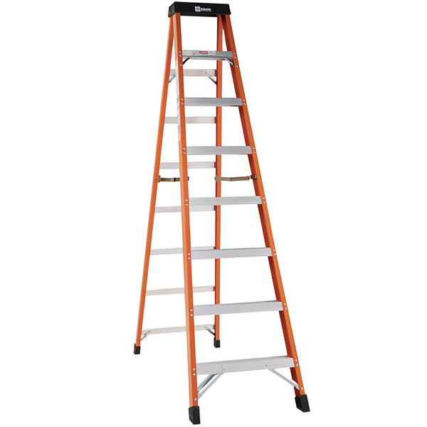 A white and orange Bauer Corporation 304 Series fiberglass step ladder.