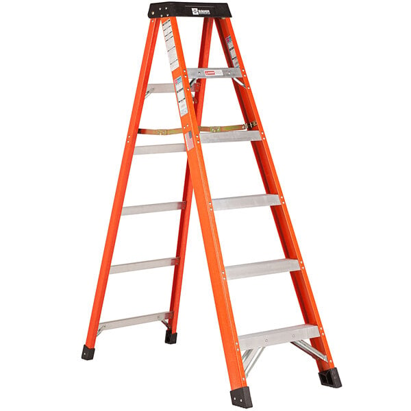 A Bauer Corporation 304 Series Type 1A fiberglass ladder with a red frame and black top.