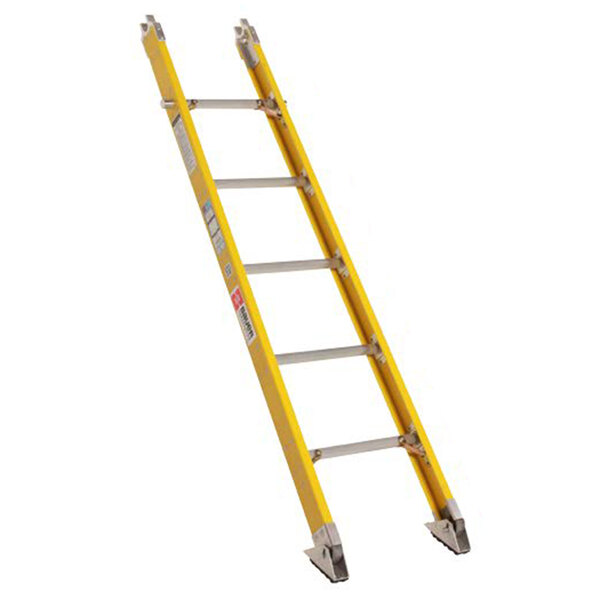 A yellow Bauer Corporation fiberglass ladder with silver metal 2-way shoes.