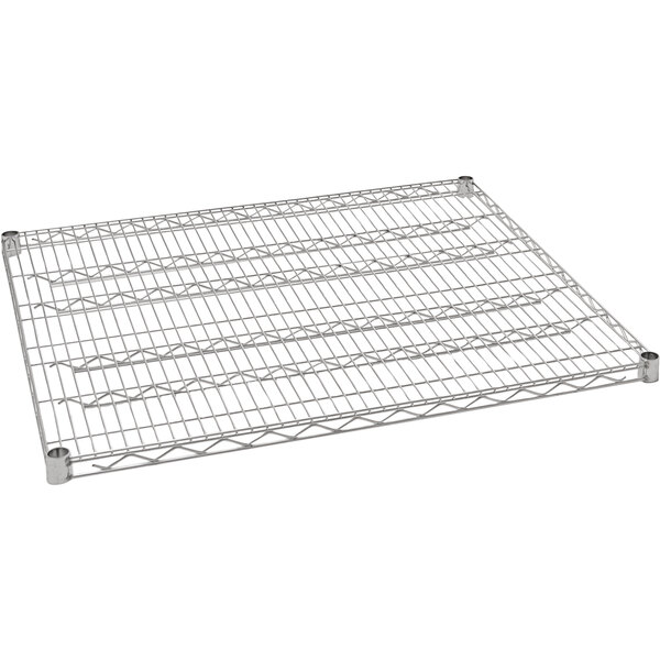 A close-up of an Eagle Group stainless steel wire shelf with wire mesh on top.