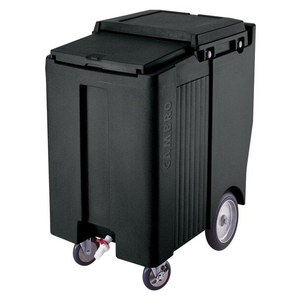A black container with wheels.