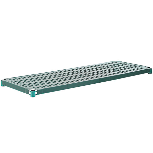 A green metal rectangular shelf with a louvered polymer mat.