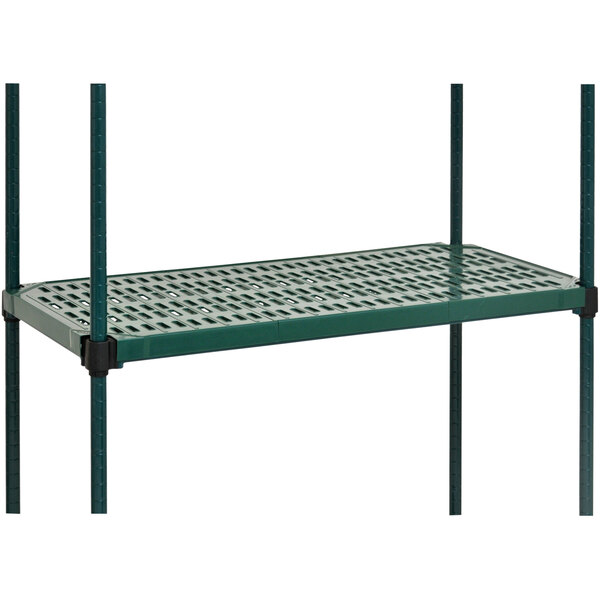 An Eagle Group green epoxy shelving unit with black metal truss frames and quad louvered polymer mats.