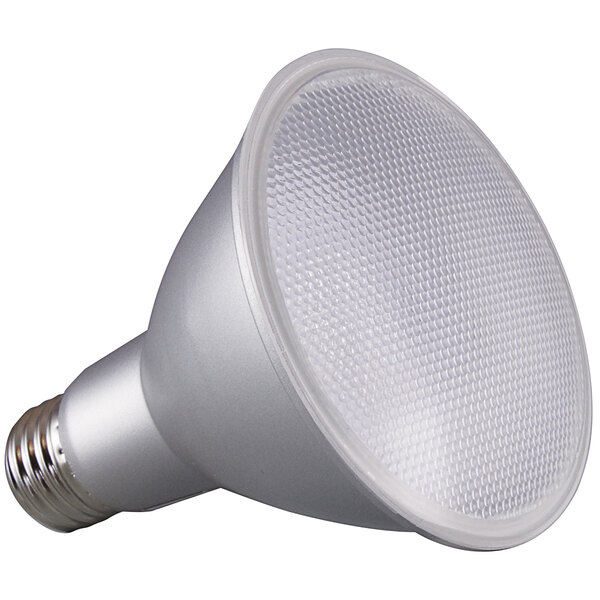 A Satco PAR30LN LED light bulb with a white cover.