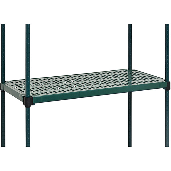A green metal shelf with black louvered mats.