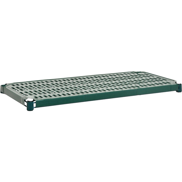 An Eagle Group green epoxy metal grid shelf with green quad louvered polymer mat.