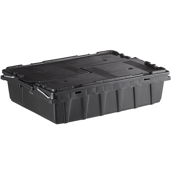 Choice 22 x 15 x 5 Small Stackable Black Chafer Tote / Storage Box with  Attached Lid
