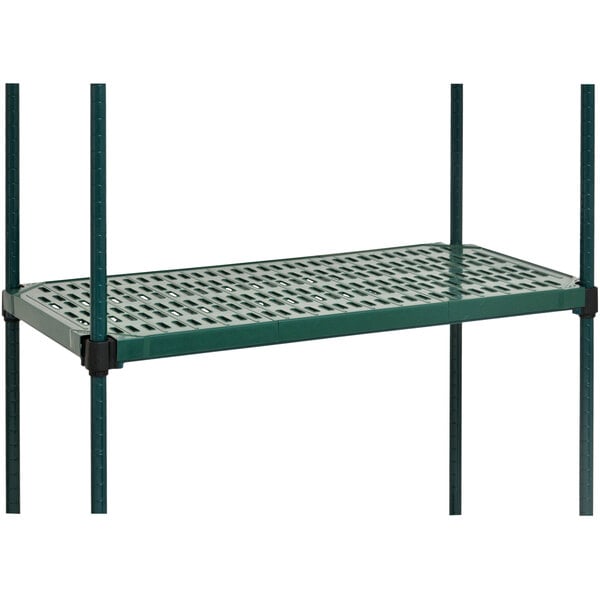 An Eagle Group green epoxy shelving unit with black metal rods.