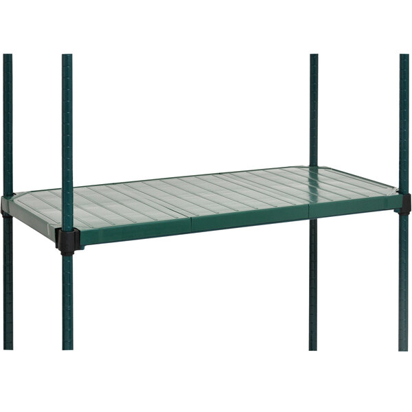 A green Eagle Group Valu-Gard truss frame shelf with black QuadPLUS solid polymer shelves.
