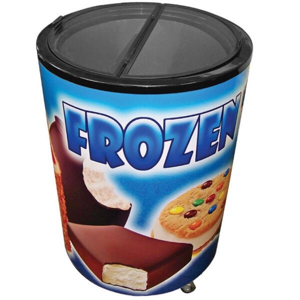 An Excellence RF Barrel-Style Merchandiser Freezer with a lid filled with chocolate and cookies.