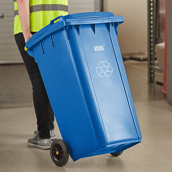 Lavex 50 Gallon Blue Wheeled Rectangular Recycle Bin with Lid