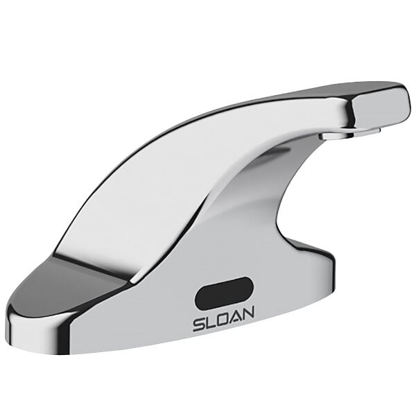 A chrome Sloan deck mounted sensor faucet with a black button.