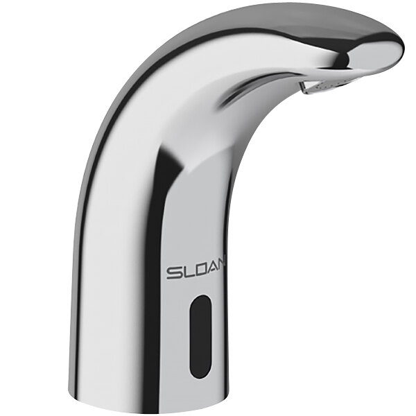 A Sloan deck mounted electronic faucet with a chrome finish and black sensor.