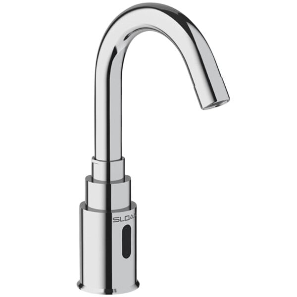 A close-up of a silver Sloan deck mounted sensor faucet with a black button.
