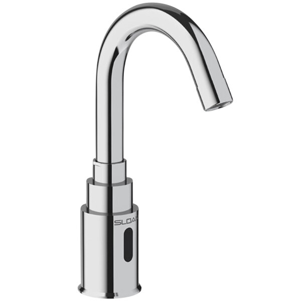 A close-up of a chrome Sloan battery powered deck mounted medical faucet with a black button.