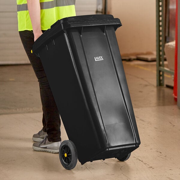 Lavex 32 Gallon Black Wheeled Rectangular Trash Can with Lid