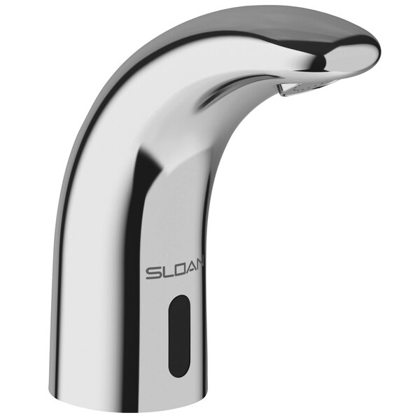 A Sloan deck mounted sensor faucet with a chrome finish and black trim plate.