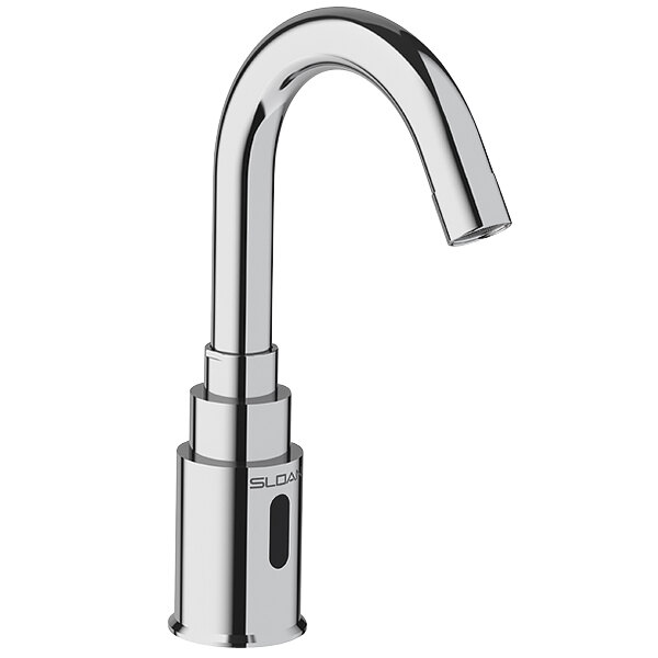 A chrome Sloan battery-powered deck mounted sensor faucet with a gooseneck spout and trim plate.
