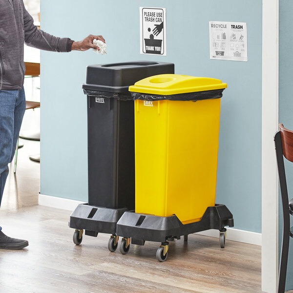 Lavex 46 Gallon 2-Stream Slim Rectangular Mobile Recycle Station with Black Drop Shot and Yellow Bottle / Can Lids
