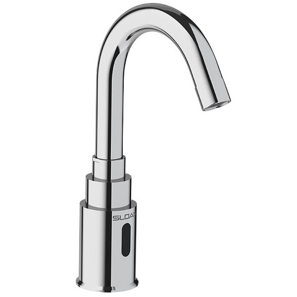 A close-up of a Sloan chrome medical faucet with a silver button.