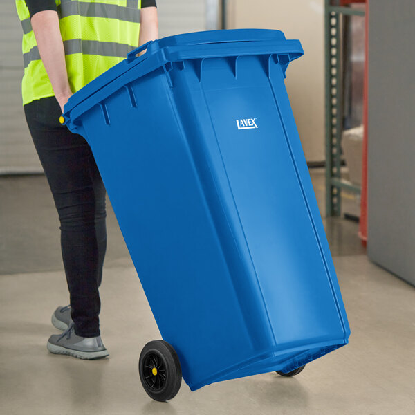 Lavex 64 Gallon Blue Wheeled Rectangular Trash Can with Lid