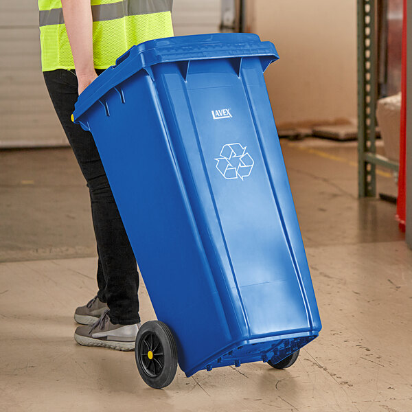 Lavex 32 Gallon Blue Wheeled Rectangular Recycle Bin with Lid