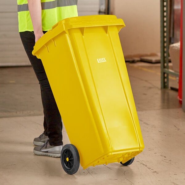 Lavex 32 Gallon Yellow Wheeled Rectangular Trash Can with Lid
